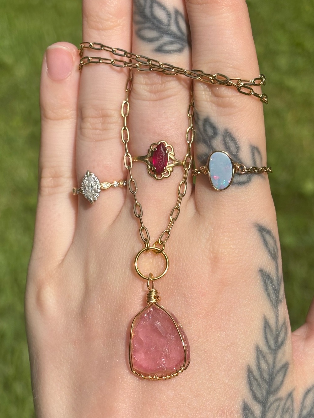 Pink tourmaline slice charm necklace